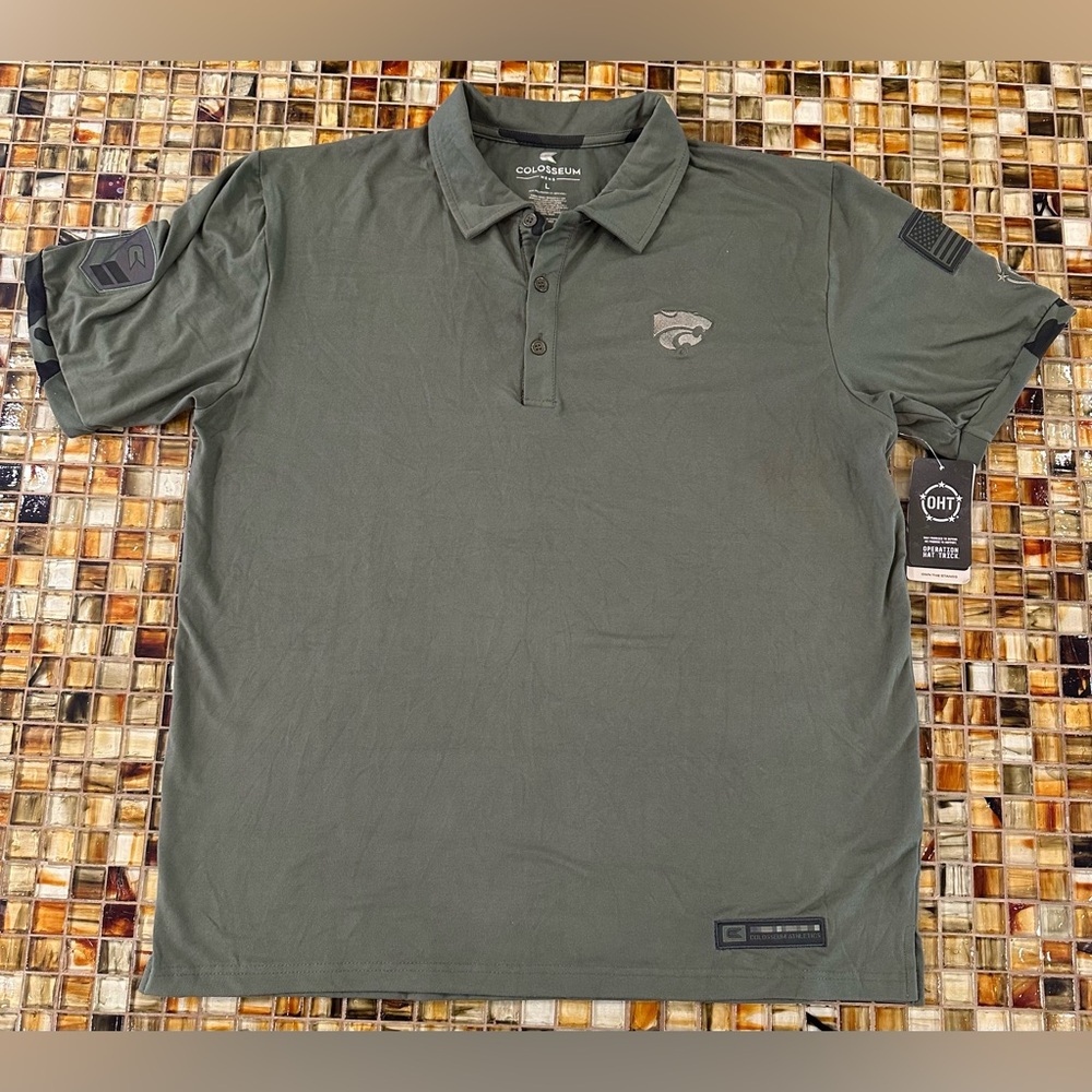 NWT Men's KSU Wildcats Colosseum OHT Operation Hat Trick Polo~Olive Green~L~$50
